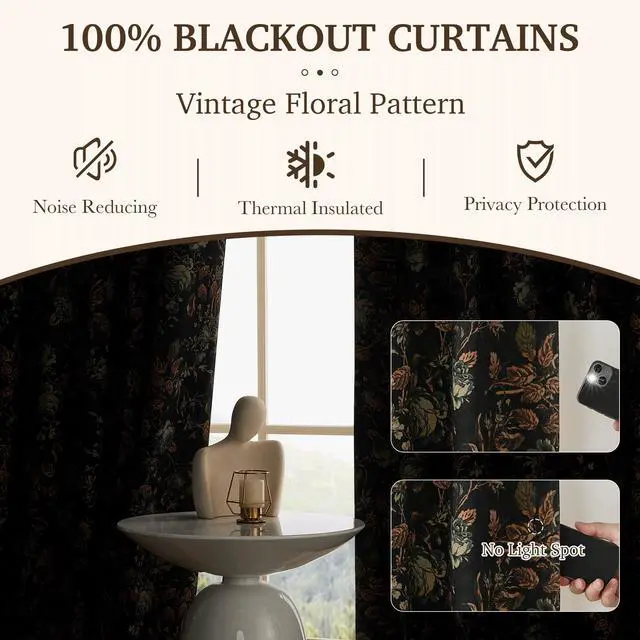 Alt view image 5 of 7 - Black Floral Curtains 84 Inches Long, 100% Blackout Vintage Boho Velvet Curtains & Drapes Thermal Insulated Super Soft Patterned Panels for Living Room Bedroom, W52 x L84, 2 Panels