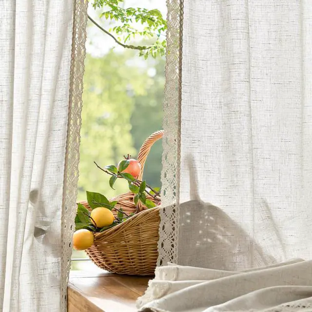Alt view image 5 of 7 - Linen Curtains for Living Room Bedroom Light Filtering Semi Sheer Curtains Boho Farmhouse French Country Cottage Core Decor Window Drapes Back Tab 84 Inch Length Laced Beige