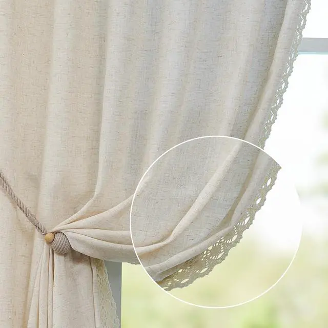 Main image of Linen Curtains for Living Room Bedroom Light Filtering Semi Sheer Curtains Boho Farmhouse French Country Cottage Core Decor Window Drapes Back Tab 84 Inch Length Laced Beige