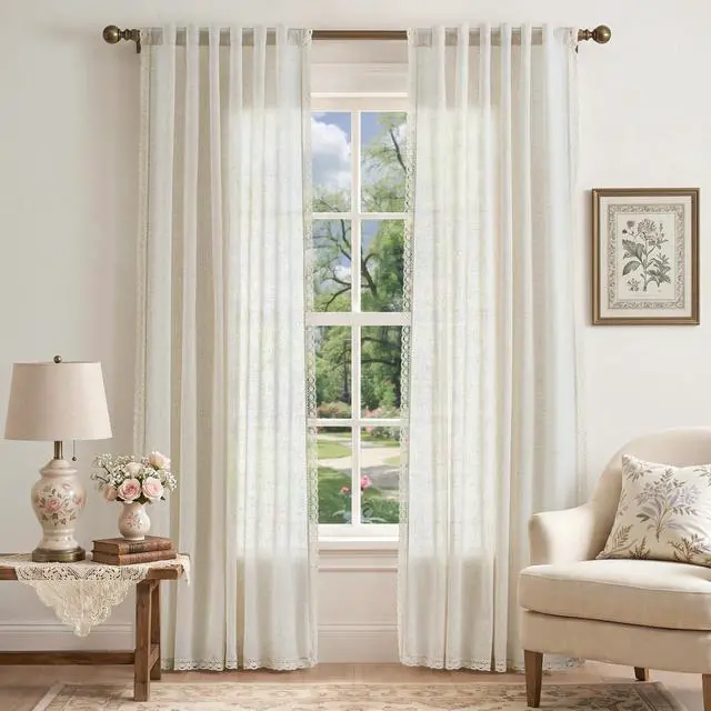 Alt view image 2 of 7 - Linen Curtains for Living Room Bedroom Light Filtering Semi Sheer Curtains Boho Farmhouse French Country Cottage Core Decor Window Drapes Back Tab 84 Inch Length Laced Beige