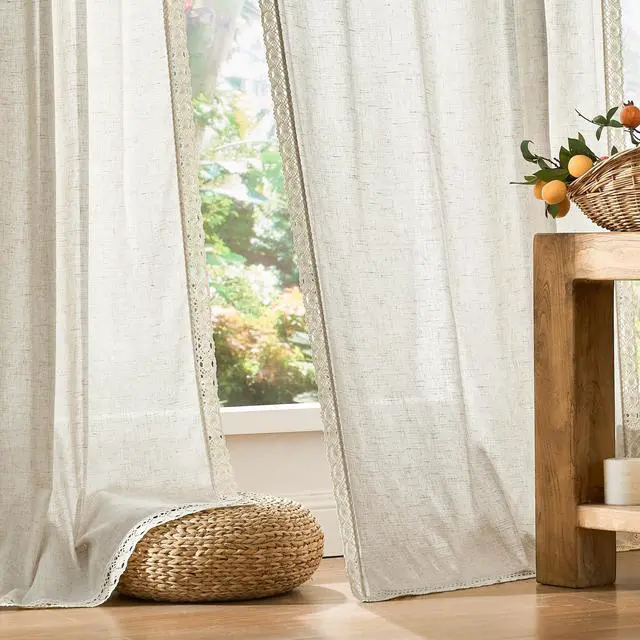 Alt view image 6 of 7 - Linen Curtains for Living Room Bedroom Light Filtering Semi Sheer Curtains Boho Farmhouse French Country Cottage Core Decor Window Drapes Back Tab 84 Inch Length Laced Beige