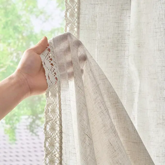 Alt view image 7 of 7 - Linen Curtains for Living Room Bedroom Light Filtering Semi Sheer Curtains Boho Farmhouse French Country Cottage Core Decor Window Drapes Back Tab 84 Inch Length Laced Beige