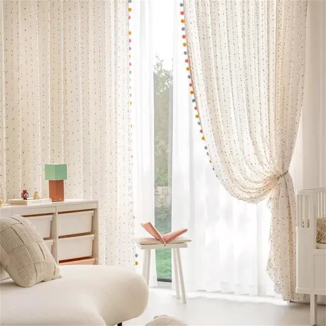 Alt view image 2 of 7 - Boho Rainbow Sheer Curtain with Colorful Pom Pom Voile Drapes Faux Linen