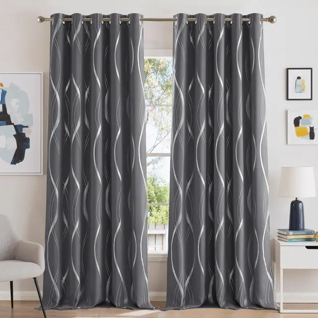 Main image of Grey Blackout Short Curtain for Apartments, W66 x L84, Noise Reducing Thermal Insulated Wave Line Foil Print Design Drapes for Living Room, 2 Panels