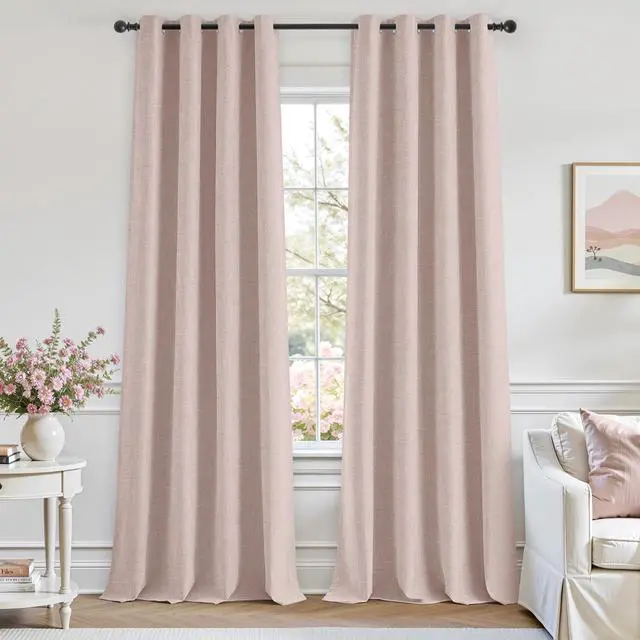 Main image of 100% Blush Pink Linen Blackout Curtains for Bedroom, 52 x 84 Inch Length 2 Panels Faux Linen Thermal Insulated Black Out Grommet Window Drapes for Living Preppy Room DecorNursery