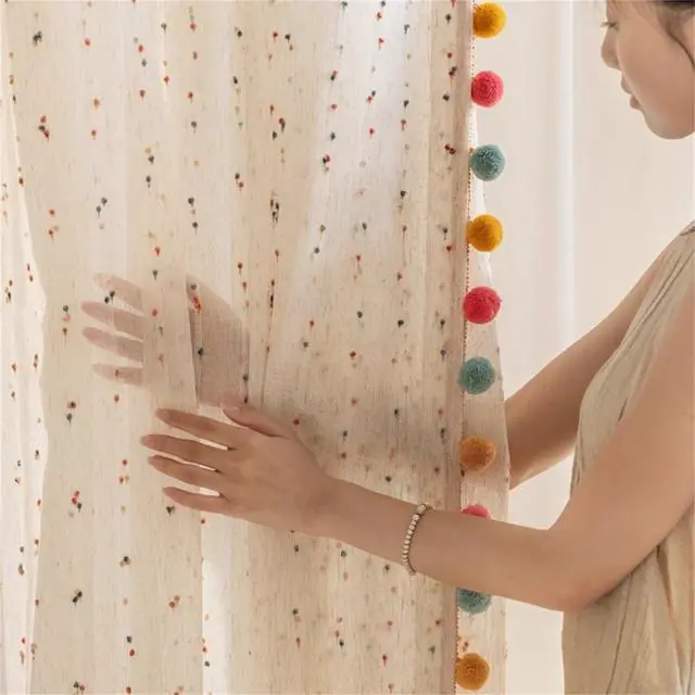 Alt view image 3 of 7 - Boho Rainbow Sheer Curtain with Colorful Pom Pom Voile Drapes Faux Linen