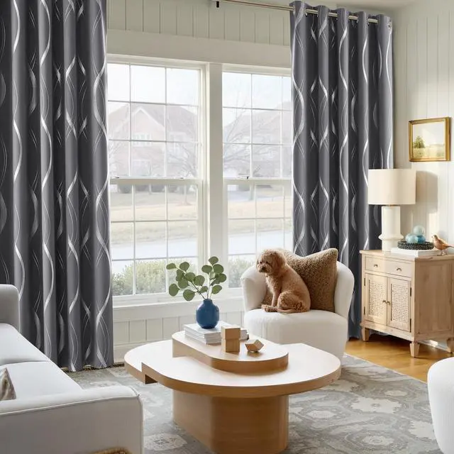 Alt view image 3 of 6 - Grey Blackout Short Curtain for Apartments, W66 x L84, Noise Reducing Thermal Insulated Wave Line Foil Print Design Drapes for Living Room, 2 Panels
