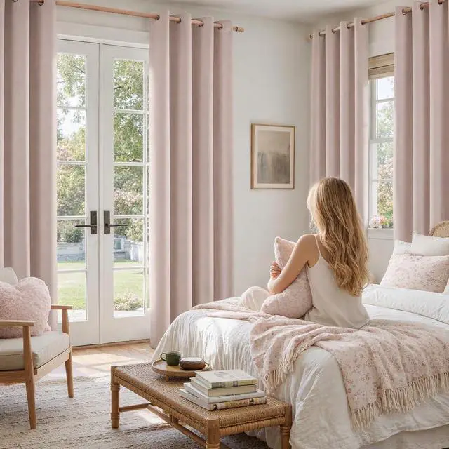 Alt view image 2 of 7 - 100% Blush Pink Linen Blackout Curtains for Bedroom, 52 x 84 Inch Length 2 Panels Faux Linen Thermal Insulated Black Out Grommet Window Drapes for Living Preppy Room DecorNursery