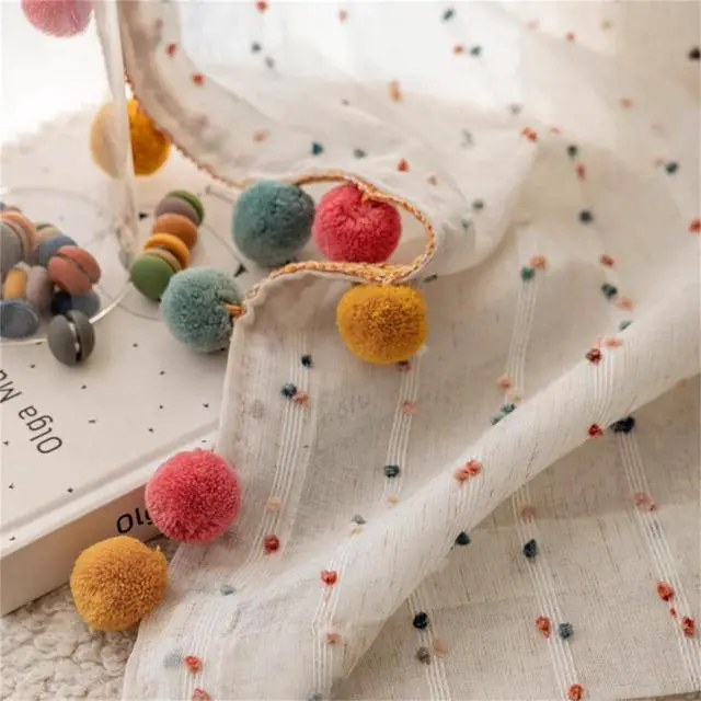 Alt view image 5 of 7 - Boho Rainbow Sheer Curtain with Colorful Pom Pom Voile Drapes Faux Linen