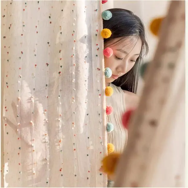 Alt view image 6 of 7 - Boho Rainbow Sheer Curtain with Colorful Pom Pom Voile Drapes Faux Linen