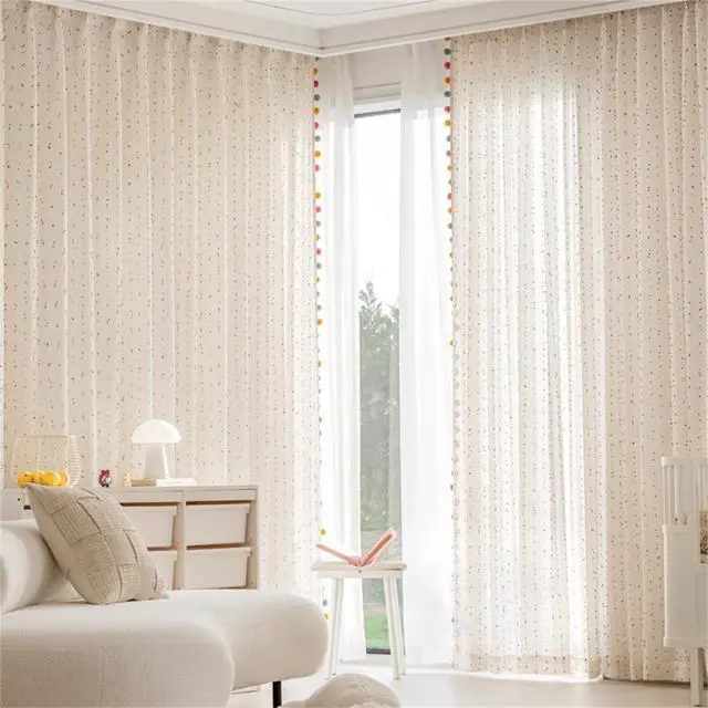 Alt view image 4 of 7 - Boho Rainbow Sheer Curtain with Colorful Pom Pom Voile Drapes Faux Linen