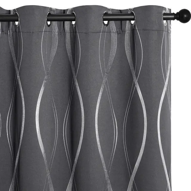 Alt view image 2 of 6 - Grey Blackout Short Curtain for Apartments, W66 x L84, Noise Reducing Thermal Insulated Wave Line Foil Print Design Drapes for Living Room, 2 Panels