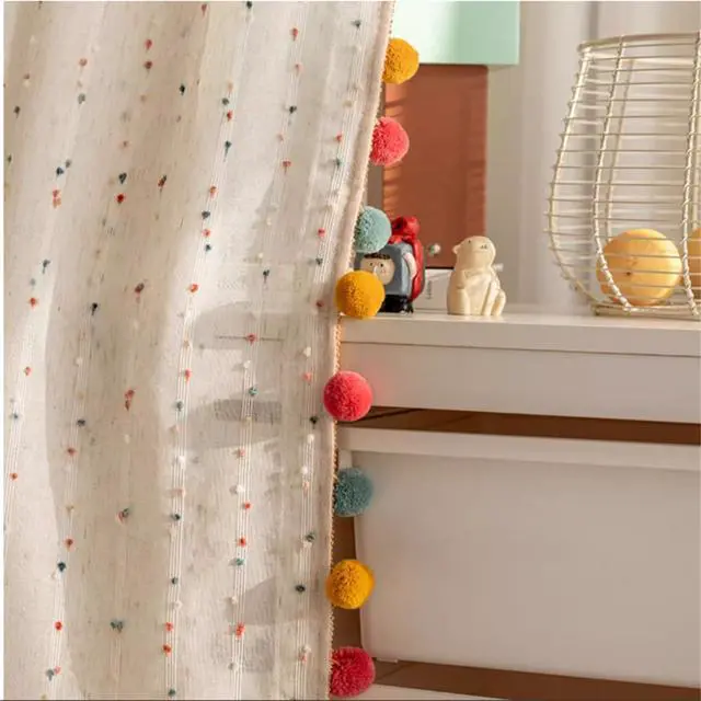 Alt view image 7 of 7 - Boho Rainbow Sheer Curtain with Colorful Pom Pom Voile Drapes Faux Linen