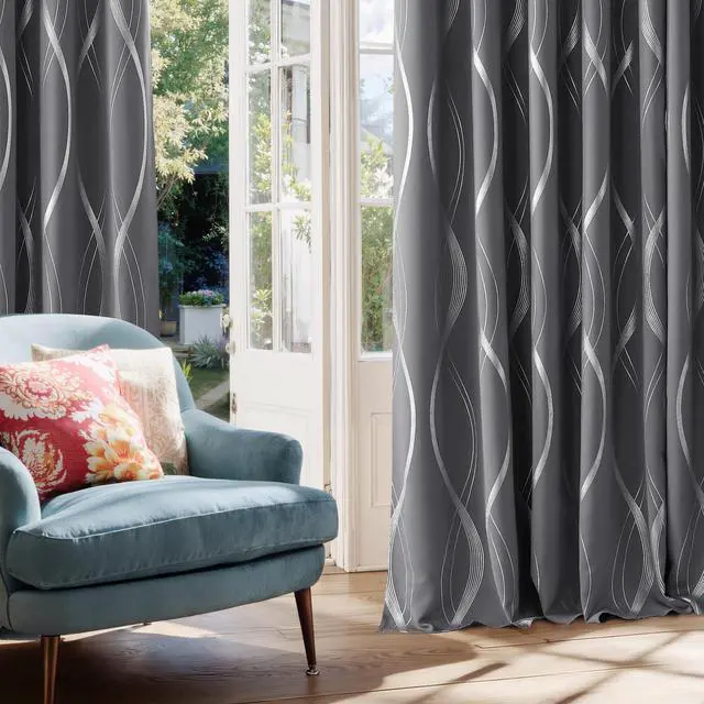 Alt view image 4 of 6 - Grey Blackout Short Curtain for Apartments, W66 x L84, Noise Reducing Thermal Insulated Wave Line Foil Print Design Drapes for Living Room, 2 Panels