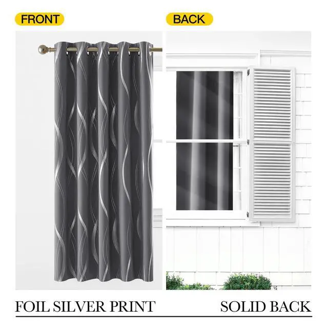 Alt view image 5 of 6 - Grey Blackout Short Curtain for Apartments, W66 x L84, Noise Reducing Thermal Insulated Wave Line Foil Print Design Drapes for Living Room, 2 Panels