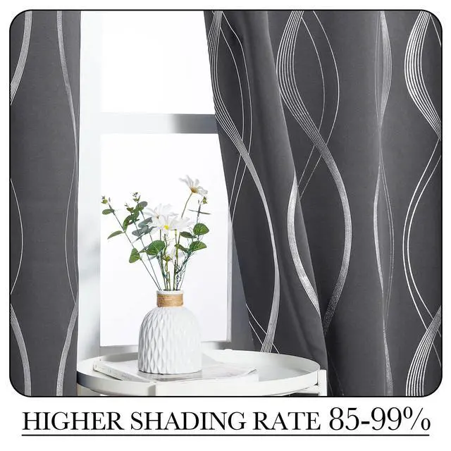 Alt view image 6 of 6 - Grey Blackout Short Curtain for Apartments, W66 x L84, Noise Reducing Thermal Insulated Wave Line Foil Print Design Drapes for Living Room, 2 Panels