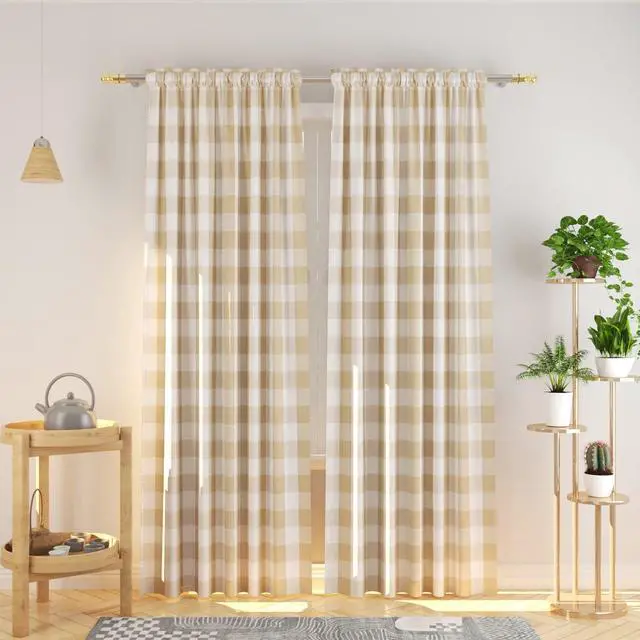 Main image of Buffalo Check Curtains 52 inch wide x 108 inch Long Farmhouse Living Room Divider Bedroom Gingham Plaid Window Curtain Sliding Glass Door Drapes 2 Panels Rod Pocket Window Treatment Set Beige & White