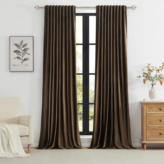 Alt view image 5 of 7 - Brown Velvet Curtains 96 inch Long for Living Room,Set of 2 Panels Blackout Rod Pocket Back Tab Window Treatment Room Darkening Heavy Decorative Curtains Drapes for Bedroom