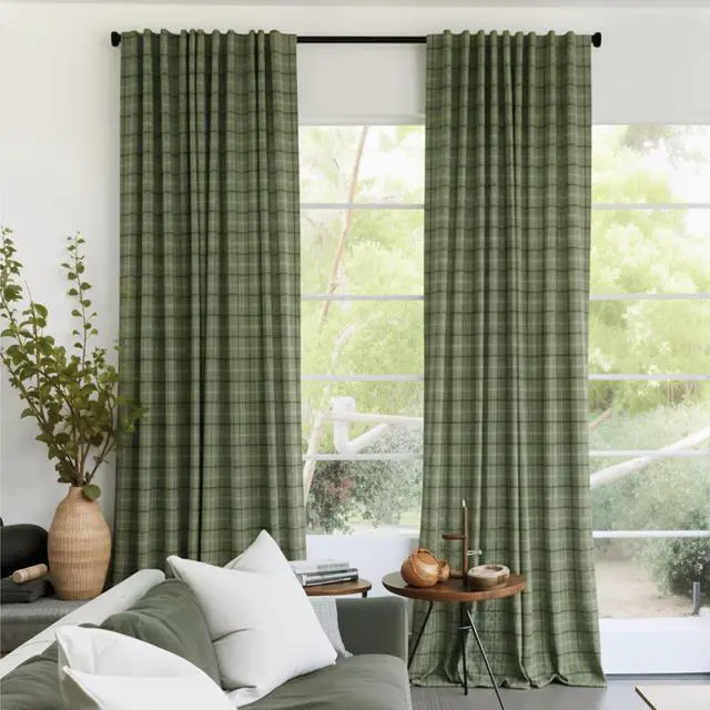 Main image of Moss Green Plaid Curtains for Living Room Dining Room, Linen Blend Light Filtering Semi-Sheer Privacy Farmhouse Checkered Window Treatment for Kitchen Bedroom, W52 x L84 Inch, 2 Panels