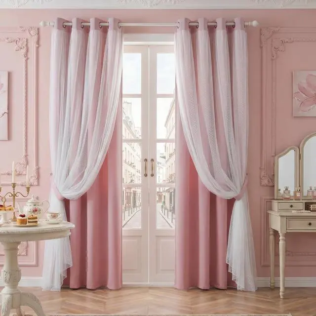 Alt view image 3 of 7 - Pink Blackout Curtains for Girls Bedroom & Nursery Kids Blush Princess Double Layer Drapes, Polka Dots Sheer, Grommet Tops, 52x84 Inch, 2 Panels