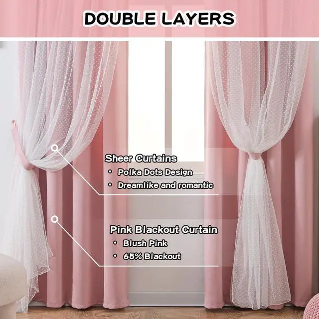 Alt view image 2 of 7 - Pink Blackout Curtains for Girls Bedroom & Nursery Kids Blush Princess Double Layer Drapes, Polka Dots Sheer, Grommet Tops, 52x84 Inch, 2 Panels