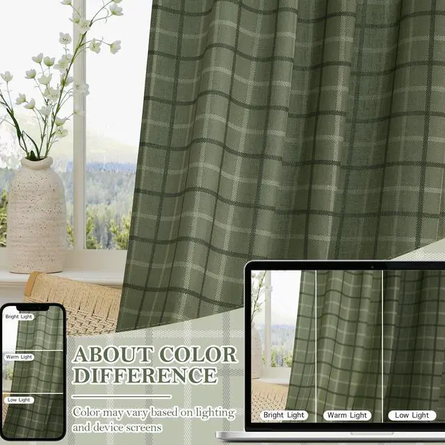 Alt view image 2 of 7 - Moss Green Plaid Curtains for Living Room Dining Room, Linen Blend Light Filtering Semi-Sheer Privacy Farmhouse Checkered Window Treatment for Kitchen Bedroom, W52 x L84 Inch, 2 Panels