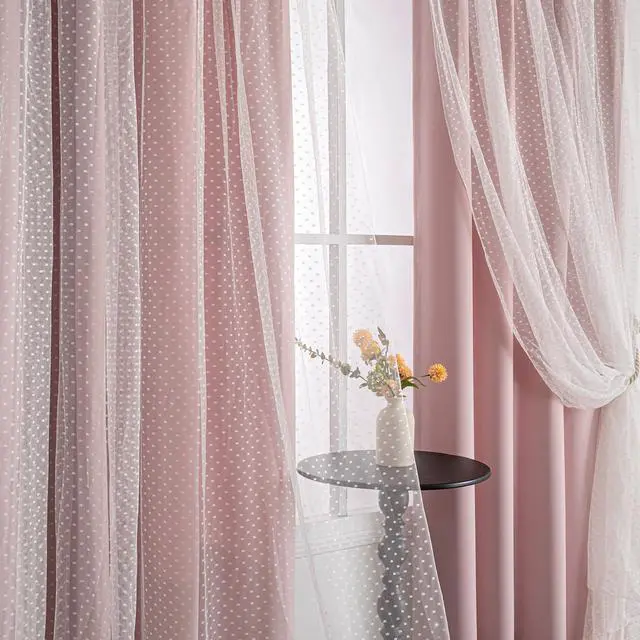 Main image of Pink Blackout Curtains for Girls Bedroom & Nursery Kids Blush Princess Double Layer Drapes, Polka Dots Sheer, Grommet Tops, 52x84 Inch, 2 Panels