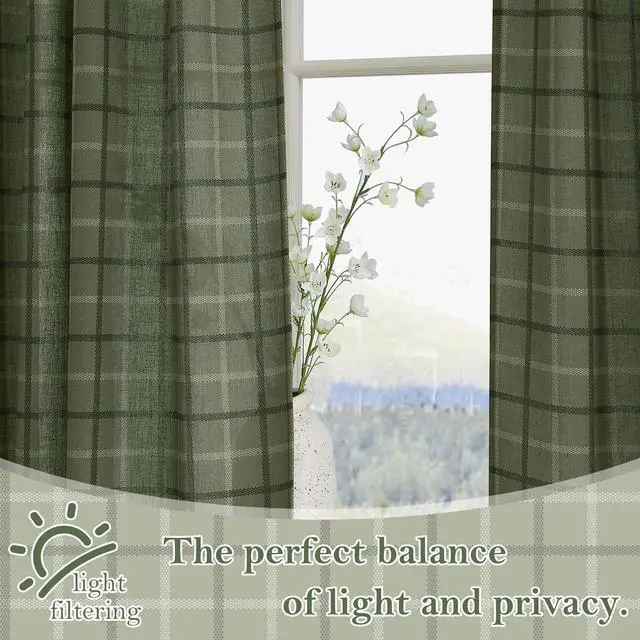 Alt view image 3 of 7 - Moss Green Plaid Curtains for Living Room Dining Room, Linen Blend Light Filtering Semi-Sheer Privacy Farmhouse Checkered Window Treatment for Kitchen Bedroom, W52 x L84 Inch, 2 Panels