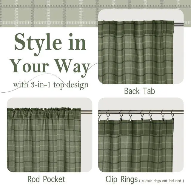 Alt view image 4 of 7 - Moss Green Plaid Curtains for Living Room Dining Room, Linen Blend Light Filtering Semi-Sheer Privacy Farmhouse Checkered Window Treatment for Kitchen Bedroom, W52 x L84 Inch, 2 Panels