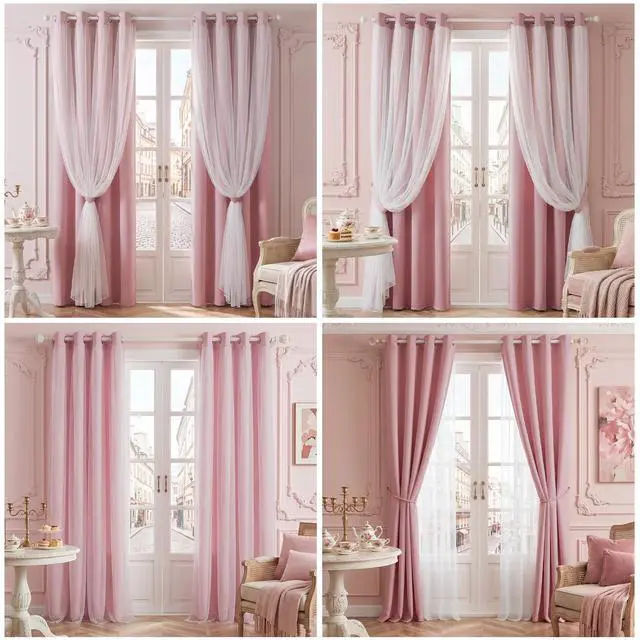 Alt view image 4 of 7 - Pink Blackout Curtains for Girls Bedroom & Nursery Kids Blush Princess Double Layer Drapes, Polka Dots Sheer, Grommet Tops, 52x84 Inch, 2 Panels