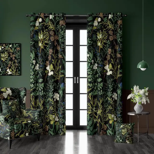 Main image of Botanical Curtains 100% Blackout 2 Panels Set Green Plant Black Out Curtain Black Floral Cottage Core Thermal Insulated Window Treatments Decor for Living Room Bedroom Curtain 52x84 Inch