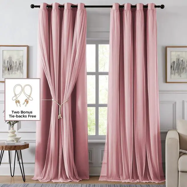 Alt view image 2 of 7 - 100% Blackout Curtains for Bedroom, Double Layer Pink Curtains, Black Out Curtain 96 inch Long with Sheer Overlay for Living Room, Room Darkening Window Drapes with Grommet, 52" W x 96" L