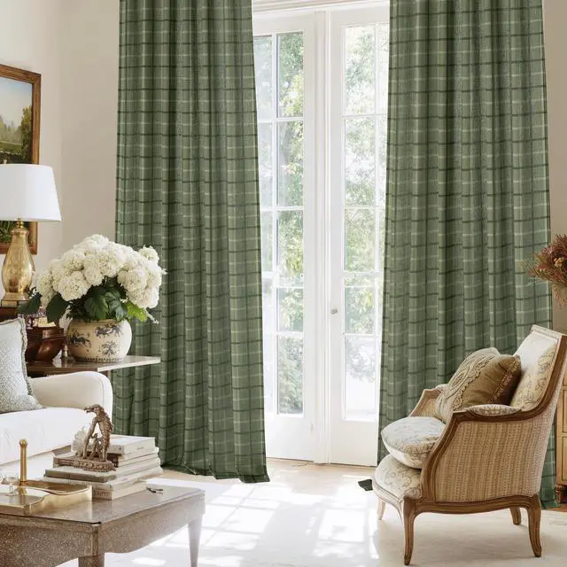 Alt view image 5 of 7 - Moss Green Plaid Curtains for Living Room Dining Room, Linen Blend Light Filtering Semi-Sheer Privacy Farmhouse Checkered Window Treatment for Kitchen Bedroom, W52 x L84 Inch, 2 Panels