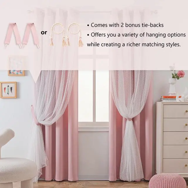 Alt view image 7 of 7 - Pink Blackout Curtains for Girls Bedroom & Nursery Kids Blush Princess Double Layer Drapes, Polka Dots Sheer, Grommet Tops, 52x84 Inch, 2 Panels
