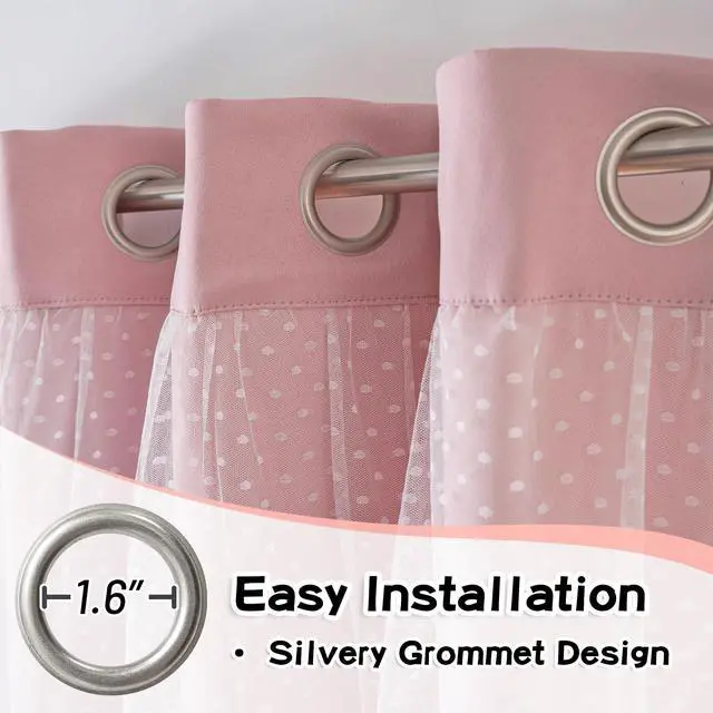 Alt view image 6 of 7 - Pink Blackout Curtains for Girls Bedroom & Nursery Kids Blush Princess Double Layer Drapes, Polka Dots Sheer, Grommet Tops, 52x84 Inch, 2 Panels
