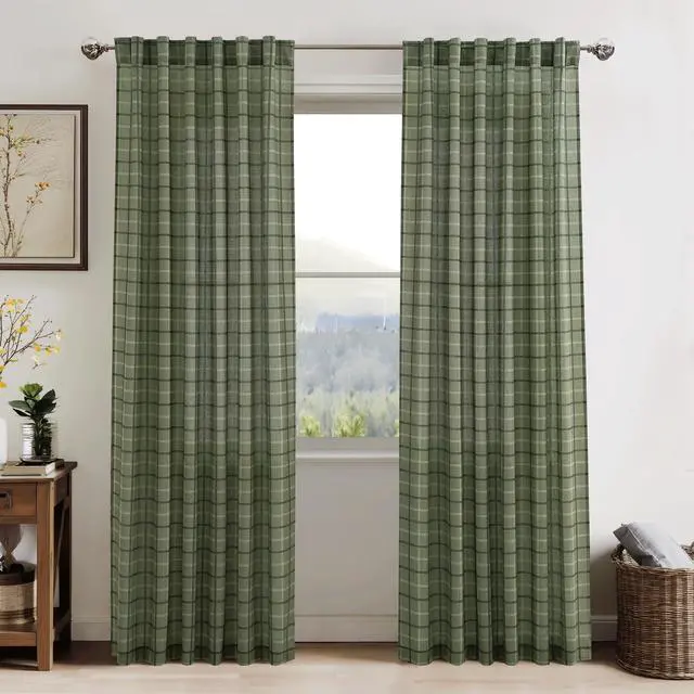 Alt view image 6 of 7 - Moss Green Plaid Curtains for Living Room Dining Room, Linen Blend Light Filtering Semi-Sheer Privacy Farmhouse Checkered Window Treatment for Kitchen Bedroom, W52 x L84 Inch, 2 Panels