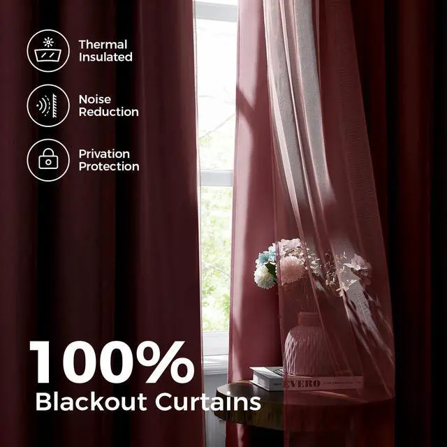 Alt view image 3 of 7 - 100% Blackout Curtains for Bedroom, Double Layer Pink Curtains, Black Out Curtain 96 inch Long with Sheer Overlay for Living Room, Room Darkening Window Drapes with Grommet, 52" W x 96" L