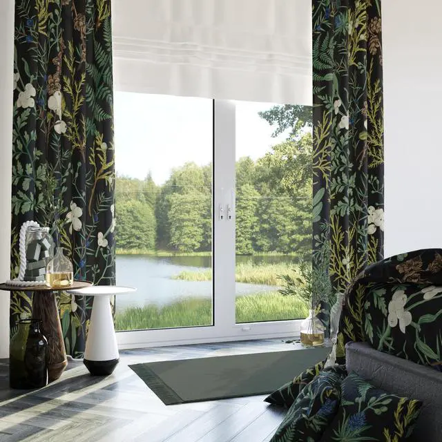 Alt view image 2 of 7 - Botanical Curtains 100% Blackout 2 Panels Set Green Plant Black Out Curtain Black Floral Cottage Core Thermal Insulated Window Treatments Decor for Living Room Bedroom Curtain 52x84 Inch