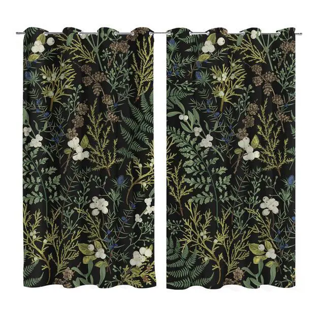 Alt view image 7 of 7 - Botanical Curtains 100% Blackout 2 Panels Set Green Plant Black Out Curtain Black Floral Cottage Core Thermal Insulated Window Treatments Decor for Living Room Bedroom Curtain 52x84 Inch