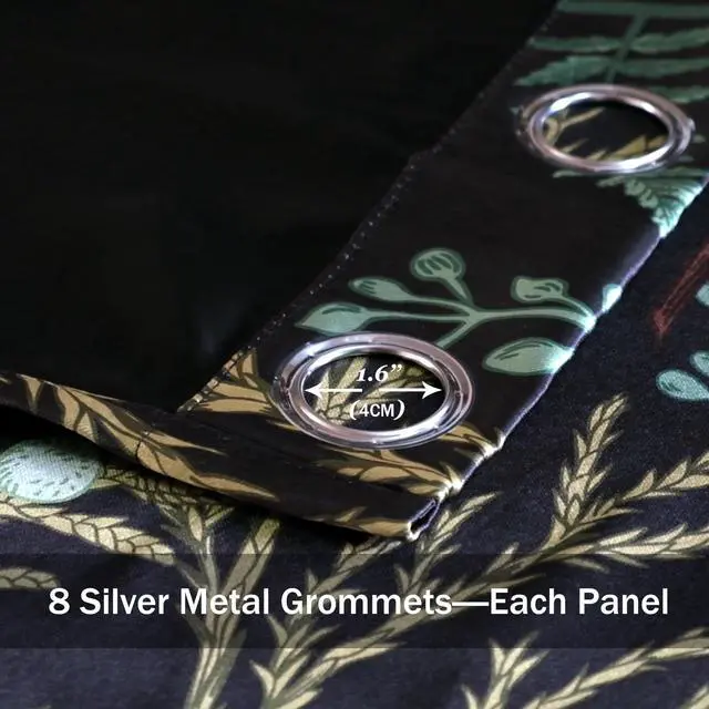 Alt view image 4 of 7 - Botanical Curtains 100% Blackout 2 Panels Set Green Plant Black Out Curtain Black Floral Cottage Core Thermal Insulated Window Treatments Decor for Living Room Bedroom Curtain 52x84 Inch