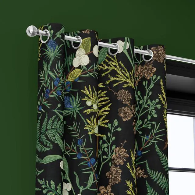 Alt view image 5 of 7 - Botanical Curtains 100% Blackout 2 Panels Set Green Plant Black Out Curtain Black Floral Cottage Core Thermal Insulated Window Treatments Decor for Living Room Bedroom Curtain 52x84 Inch