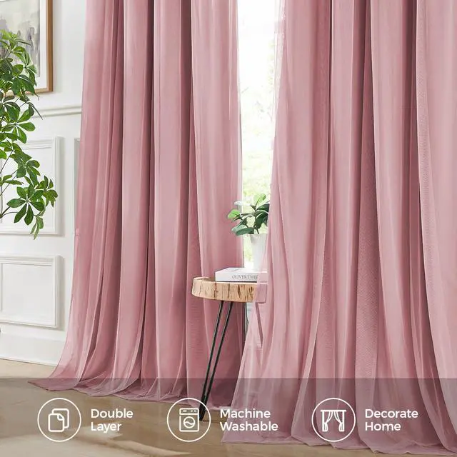 Alt view image 6 of 7 - 100% Blackout Curtains for Bedroom, Double Layer Pink Curtains, Black Out Curtain 96 inch Long with Sheer Overlay for Living Room, Room Darkening Window Drapes with Grommet, 52" W x 96" L