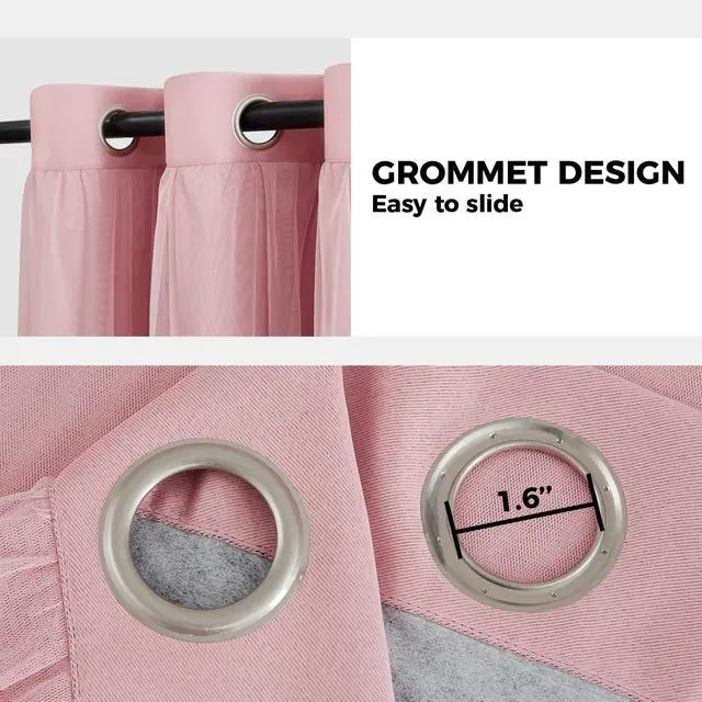 Alt view image 7 of 7 - 100% Blackout Curtains for Bedroom, Double Layer Pink Curtains, Black Out Curtain 96 inch Long with Sheer Overlay for Living Room, Room Darkening Window Drapes with Grommet, 52" W x 96" L