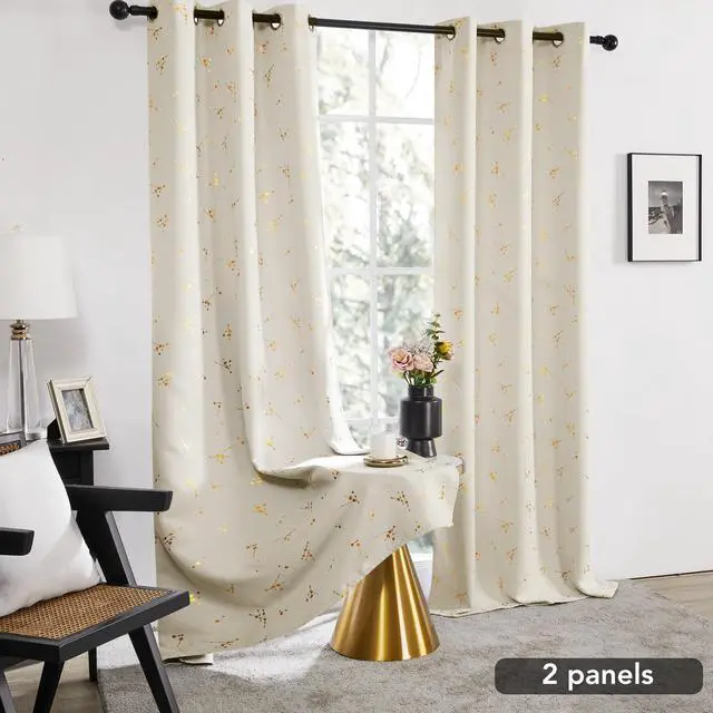 Alt view image 3 of 7 - Blackout Curtains 2 Panels for Bedroom and Living Room, Gold Foil Floral Branch and Dots, Thermal Insulated Room Darkening Grommet Window Drapes for Nursery, Light Beige, 42W x 84L Inch