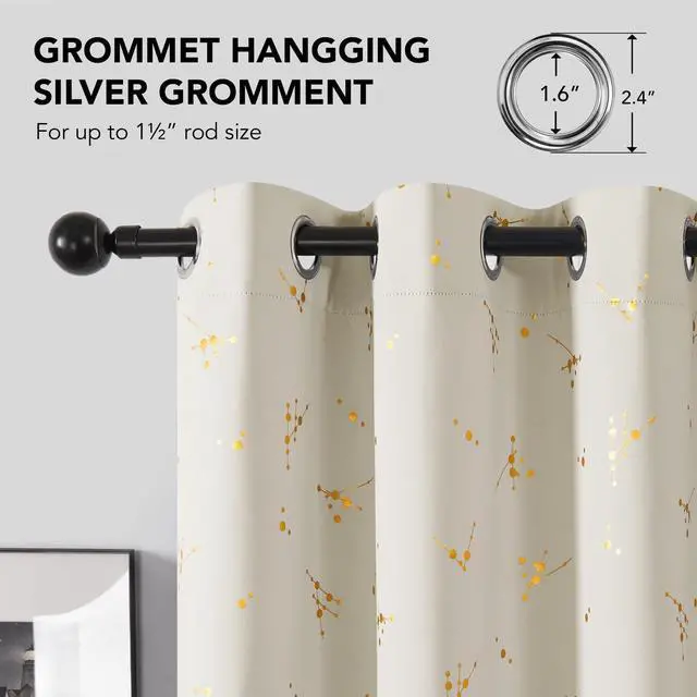 Alt view image 6 of 7 - Blackout Curtains 2 Panels for Bedroom and Living Room, Gold Foil Floral Branch and Dots, Thermal Insulated Room Darkening Grommet Window Drapes for Nursery, Light Beige, 42W x 84L Inch