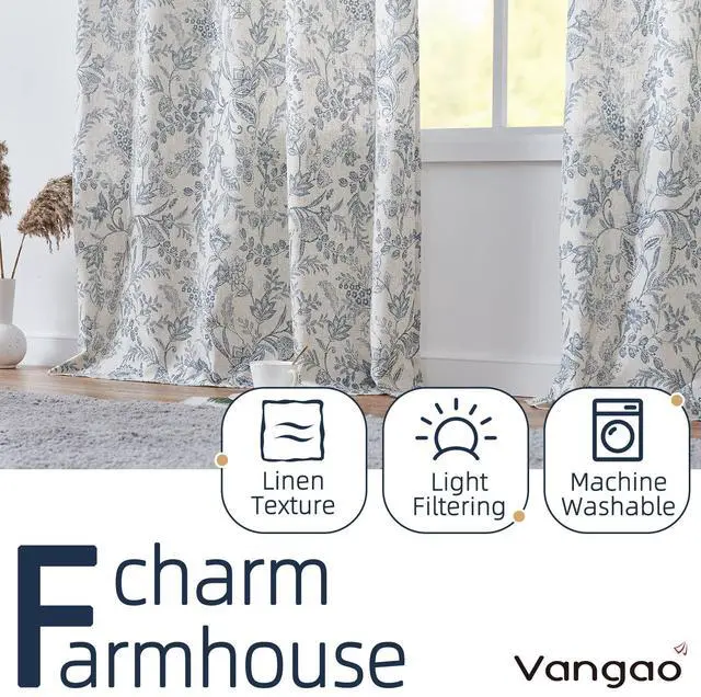 Alt view image 3 of 7 - Blue Floral Linen Curtains for Living Room 84 Inches Long Farmhouse Curtains for Bedroom Vintage Print on Beige Light Filtering Window Drapes Back Tab Rod Pocket 2 Panels