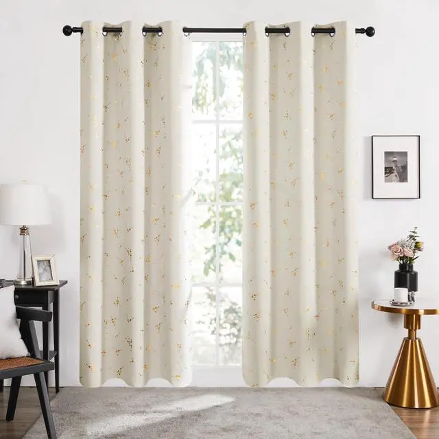 Alt view image 2 of 7 - Blackout Curtains 2 Panels for Bedroom and Living Room, Gold Foil Floral Branch and Dots, Thermal Insulated Room Darkening Grommet Window Drapes for Nursery, Light Beige, 42W x 84L Inch