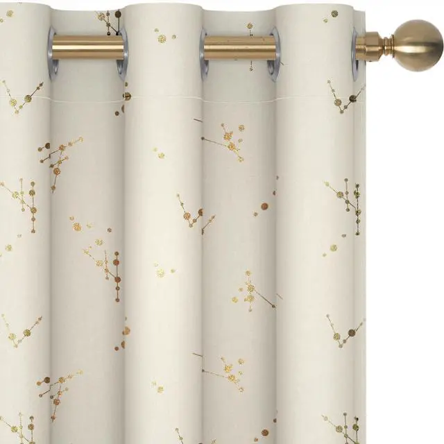 Main image of Blackout Curtains 2 Panels for Bedroom and Living Room, Gold Foil Floral Branch and Dots, Thermal Insulated Room Darkening Grommet Window Drapes for Nursery, Light Beige, 42W x 84L Inch