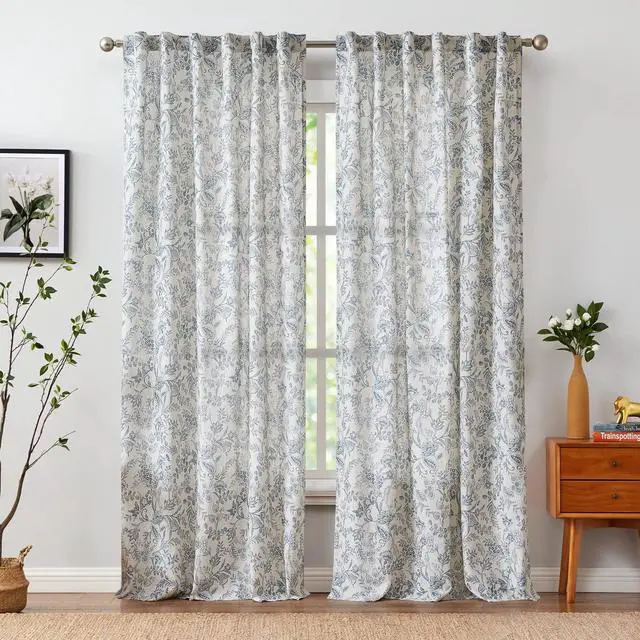 Alt view image 2 of 7 - Blue Floral Linen Curtains for Living Room 84 Inches Long Farmhouse Curtains for Bedroom Vintage Print on Beige Light Filtering Window Drapes Back Tab Rod Pocket 2 Panels