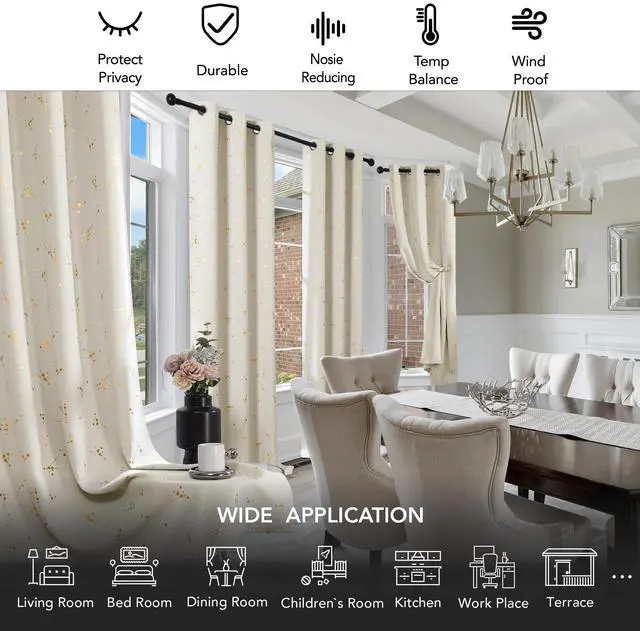 Alt view image 5 of 7 - Blackout Curtains 2 Panels for Bedroom and Living Room, Gold Foil Floral Branch and Dots, Thermal Insulated Room Darkening Grommet Window Drapes for Nursery, Light Beige, 42W x 84L Inch